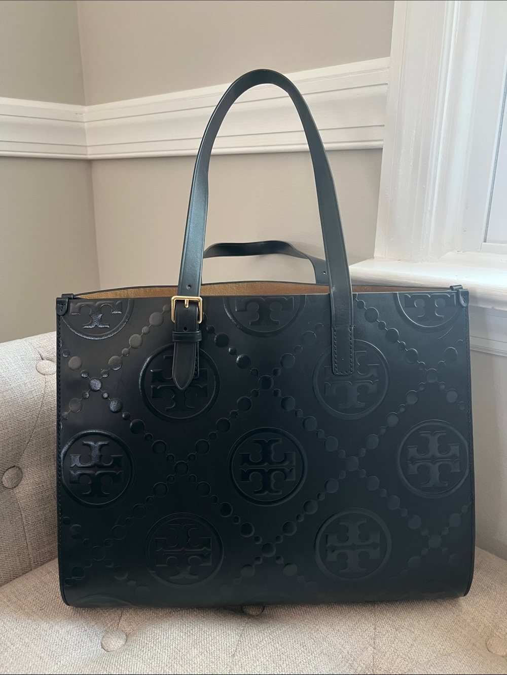 Tory Burch T Monogram Black Embossed Logo Leather Tote with Gold Buckle